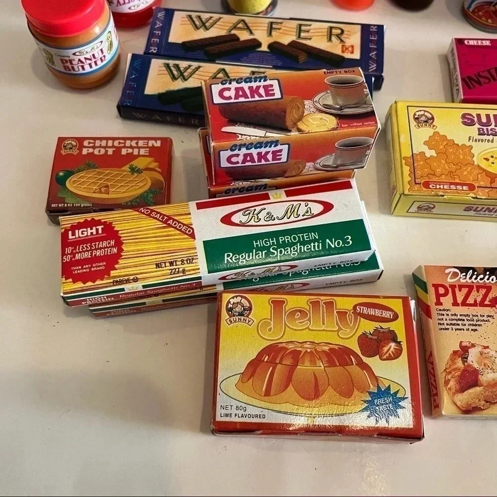 Lot 45 Vtg Pretend Play Food Mini Boxes Cans Coca Cola Progreso Milk Pizza Pasta